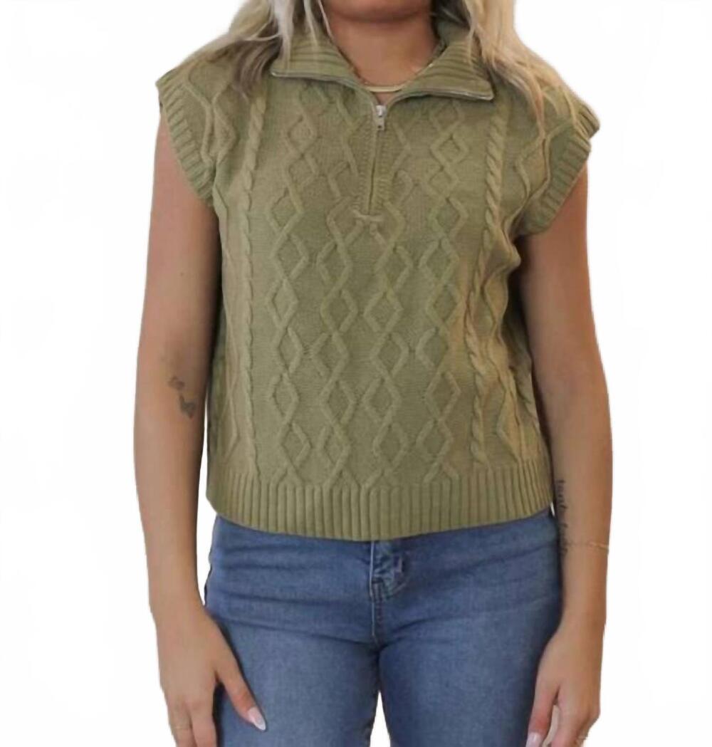 NEW LE LIS half zip sleeveless cable sweater top in olive